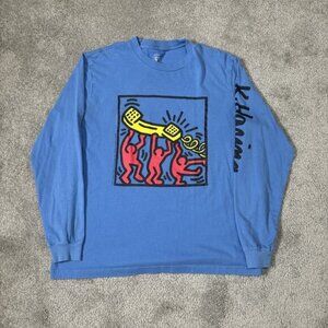GAP Keith Haring Graphic T-Shirt Blue Cotton Long Sleeve Streetwear Mens Size L
